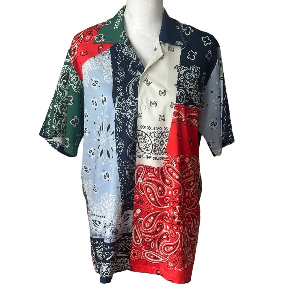 SHEIN Multicolor Bandana Print Short Sleeve Button Down Shirt NWOT